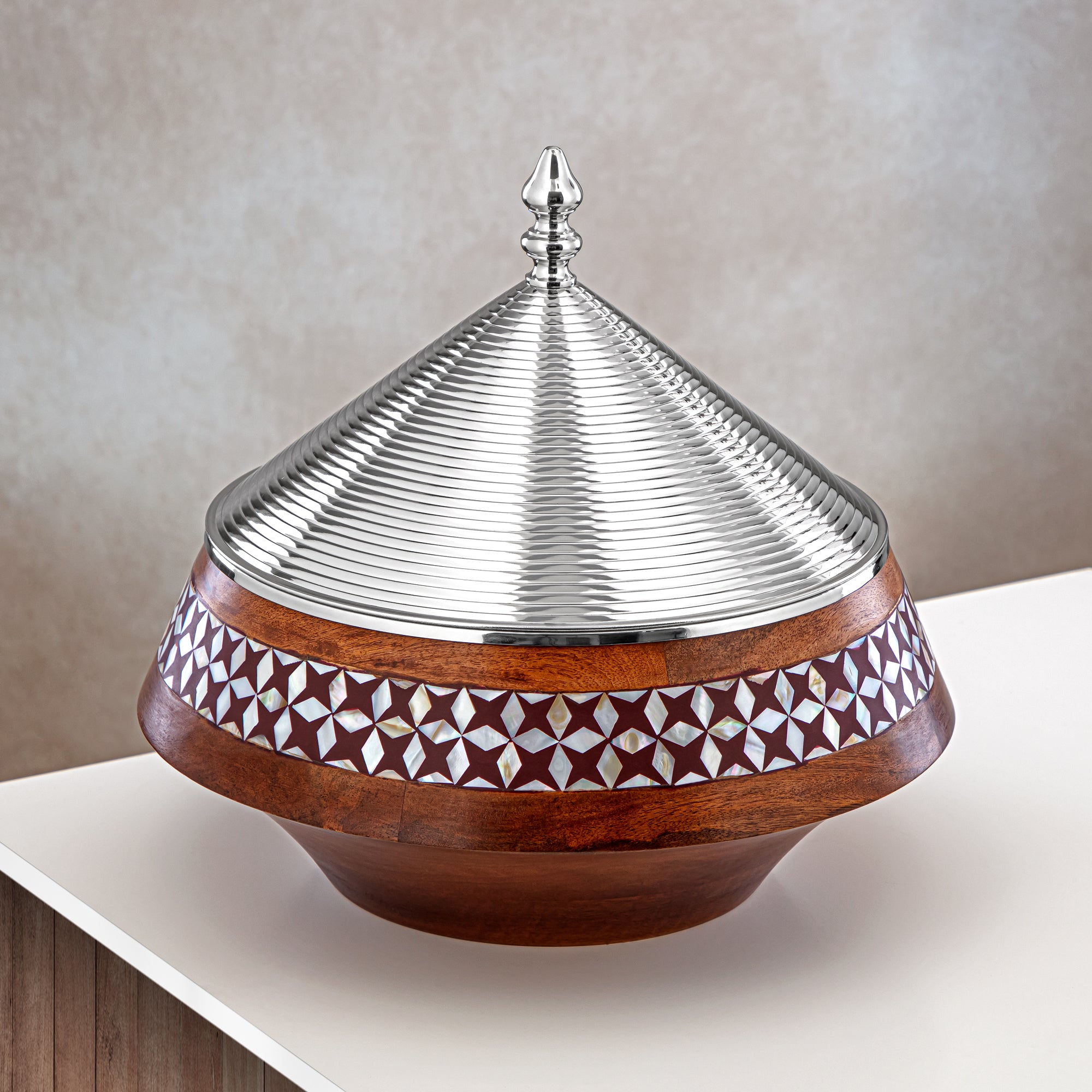 Almarjan 28 CM Brass Hot Pot Wood & Silver - MD-0430 B