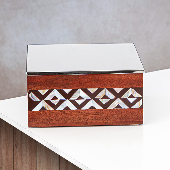 Almarjan 20 CM Square Storage Box Wood & Silver - MD-1816 A