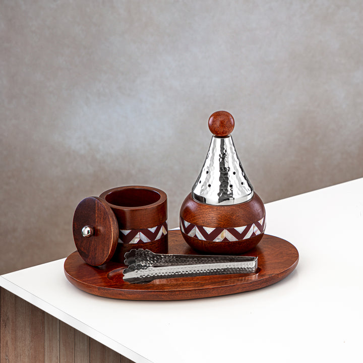 Almarjan 4 Pieces Incense Burner Set Wood & Silver - MD-269 A