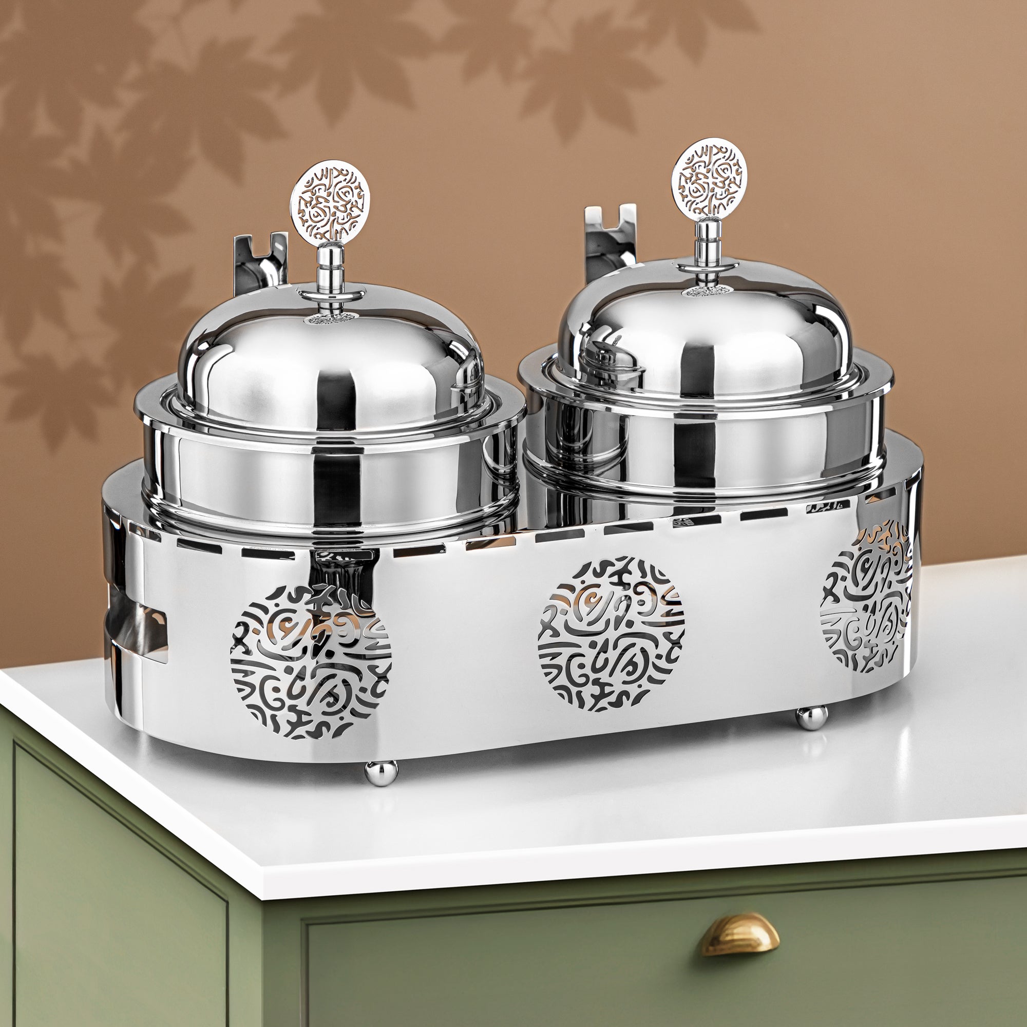 Almarjan Chafing Dish Double Stainless Steel 1.25L + 1.25L Silver (MD-3018) - Stylish Serveware