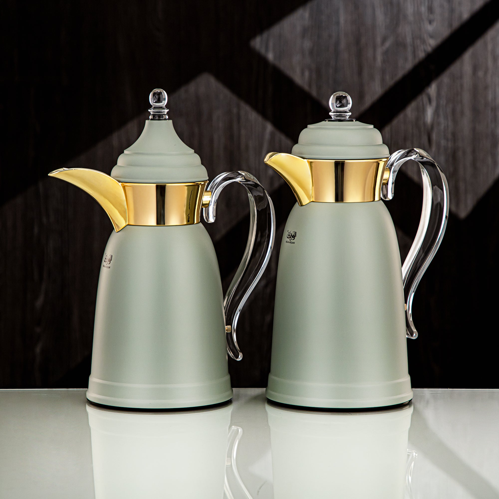 Almarjan Vacuum Flask Set - 0.7L & 1L, Green & Gold Finish, Metal (SM-2A29-070/100 GG/G) - Classic, Tea & Coffee