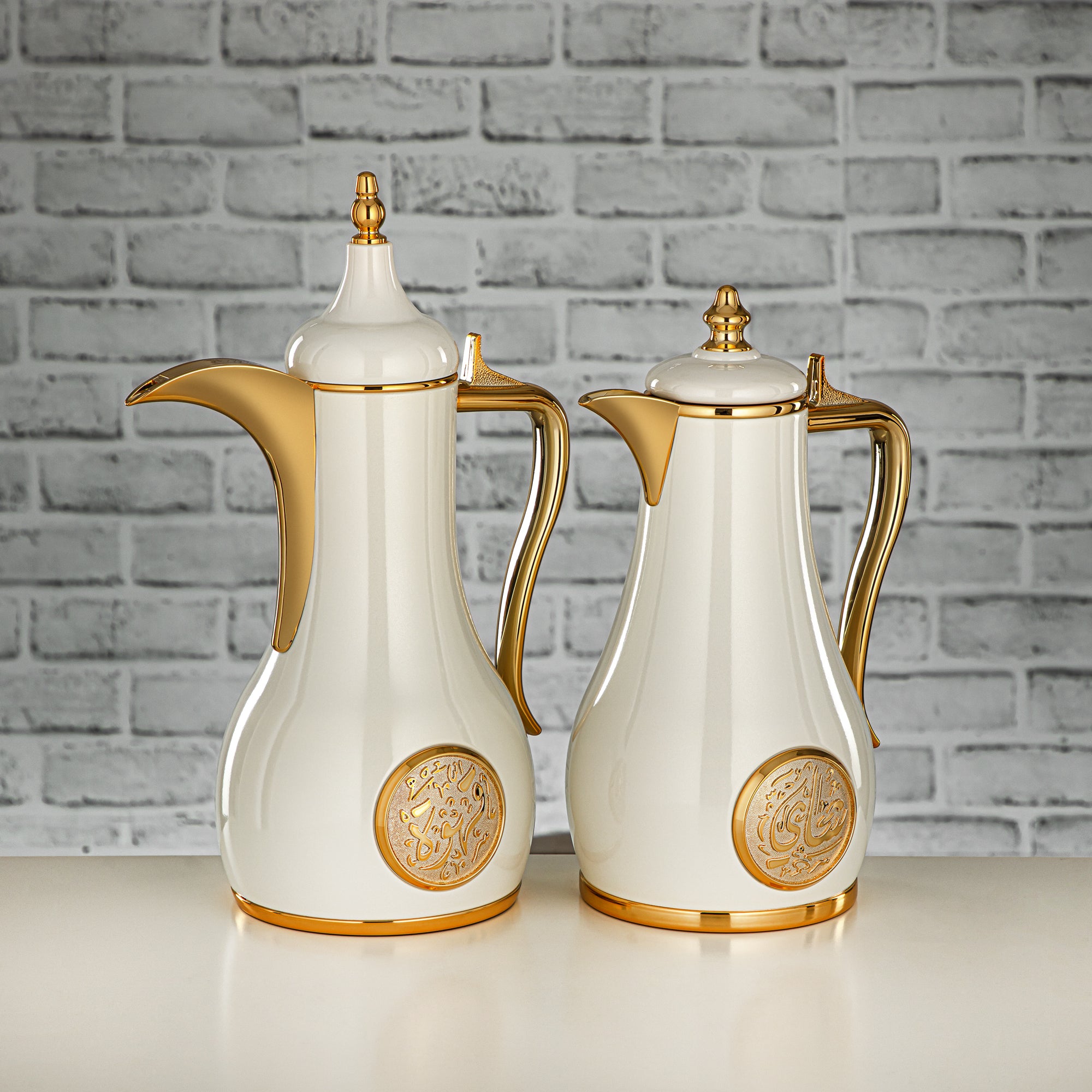 Almarjan Vacuum Flask Set, Push Button - 1L + 1L, Pearl White & Gold (SR-PWG) - Classic and Elegant