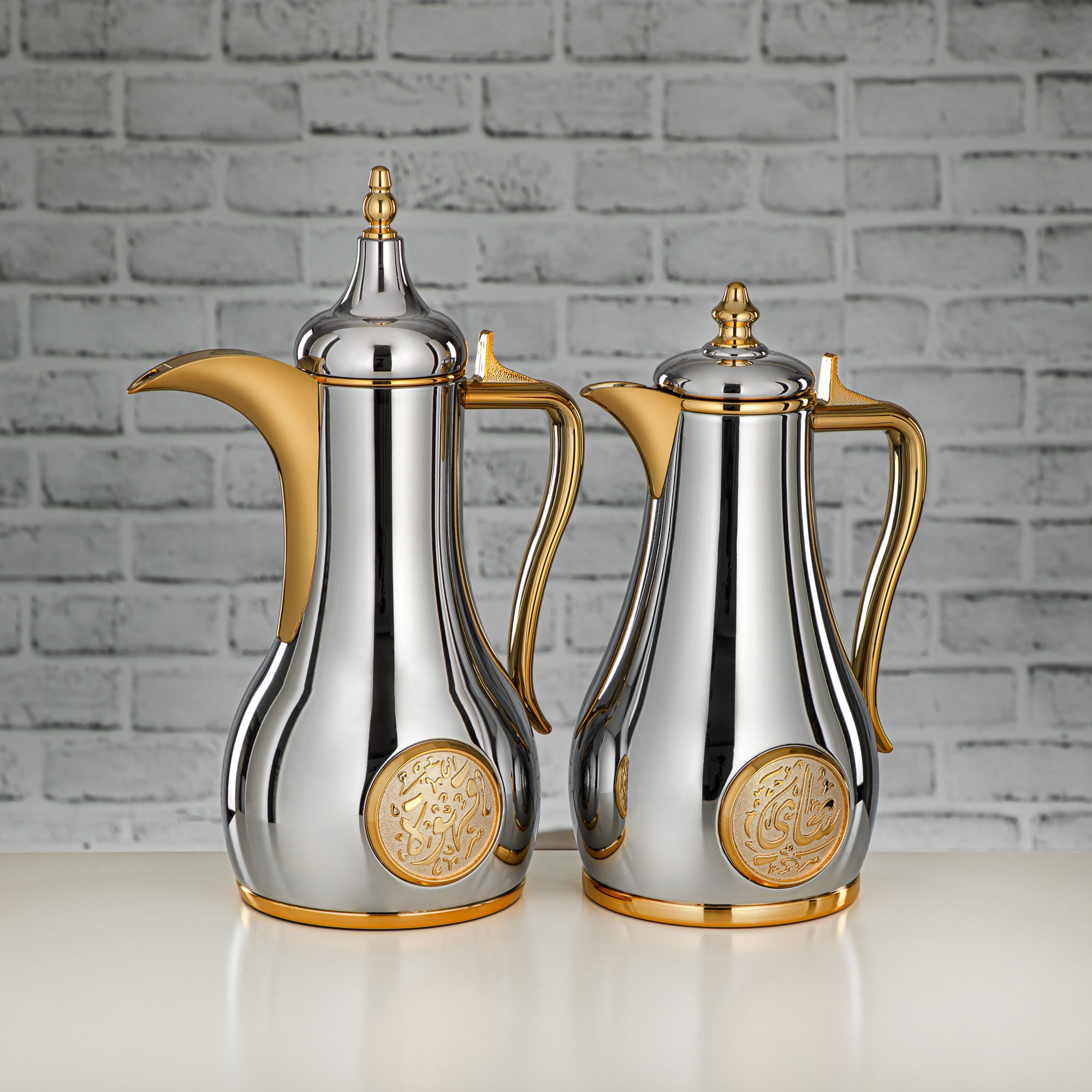 Almarjan Vacuum Flask Set, Push Button - 1L + 1L, Silver & Gold (SR-SG) - Classic and Elegant