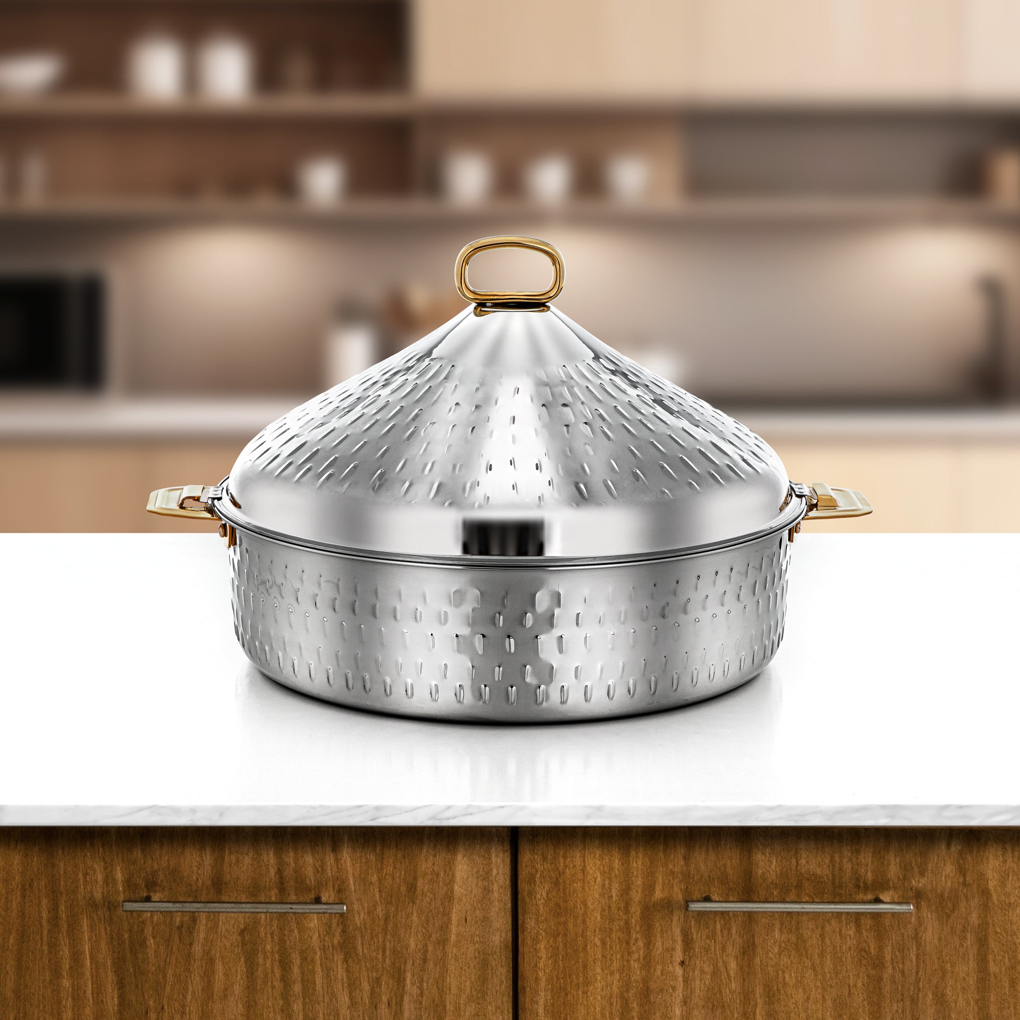 Almarjan Hot Pot Stainless Steel, 35CM (6000ML), Silver & Gold (H25M7G) - Abeer Collection