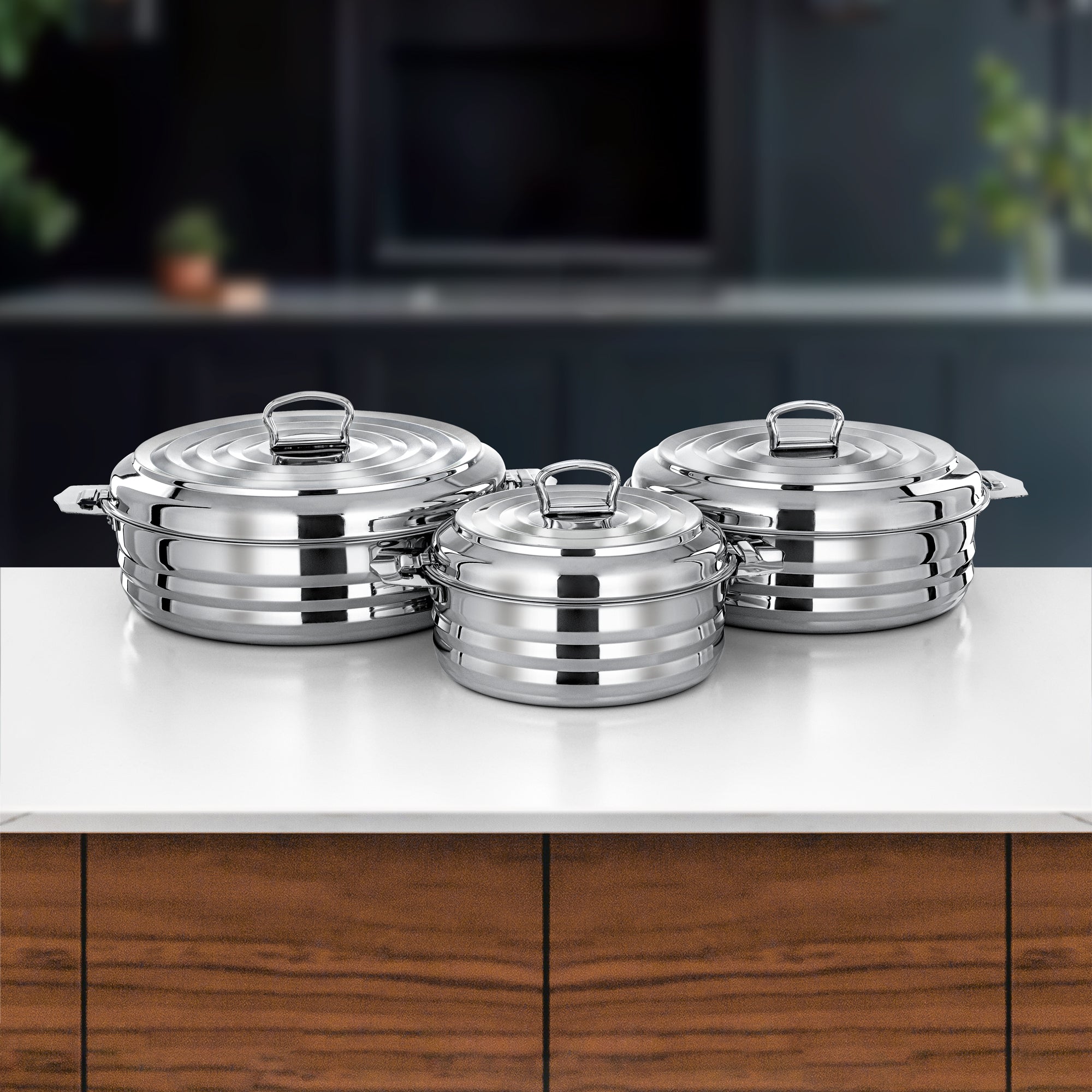 Almarjan Hanan Stainless Steel Hot Pot Set 25cm 30cm 35cm Silver Mirror Finish Insulated STS0293741