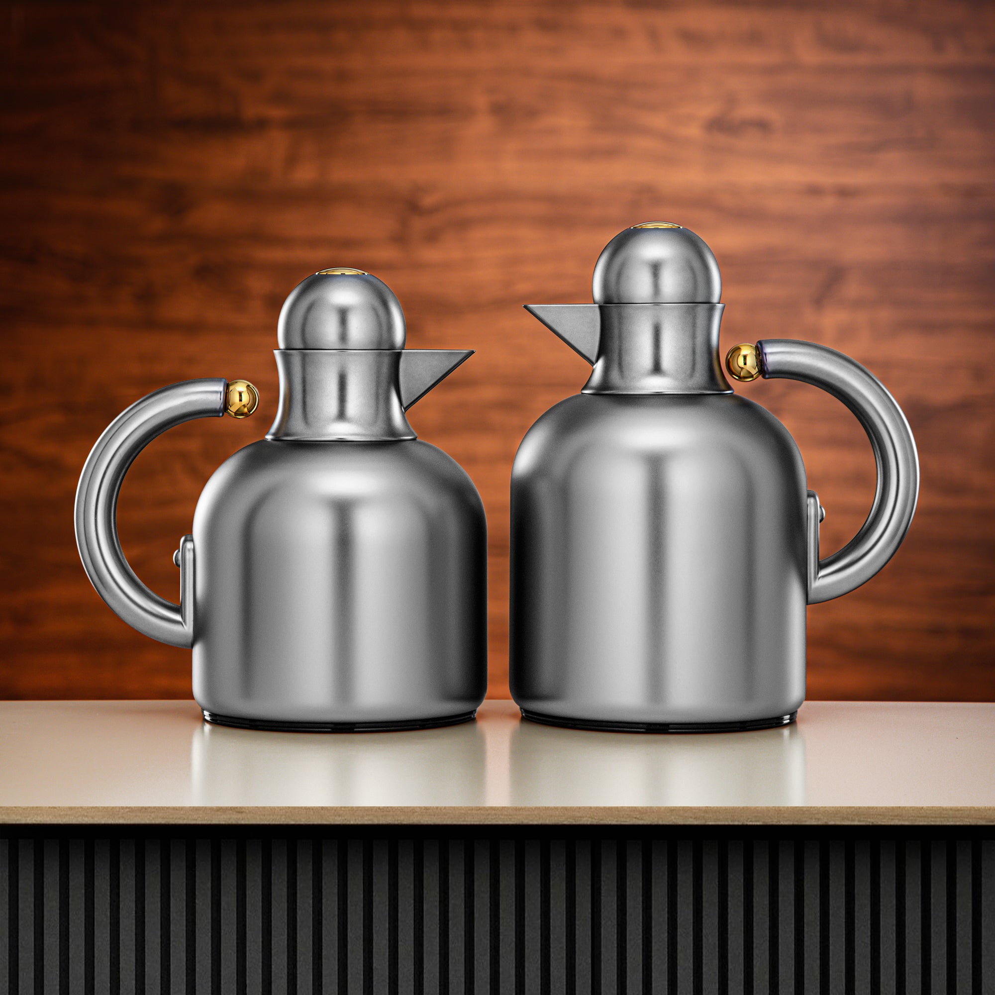 Almarjan Vacuum Flask Set 0.6L + 1L Matt Silver with Golden Accents