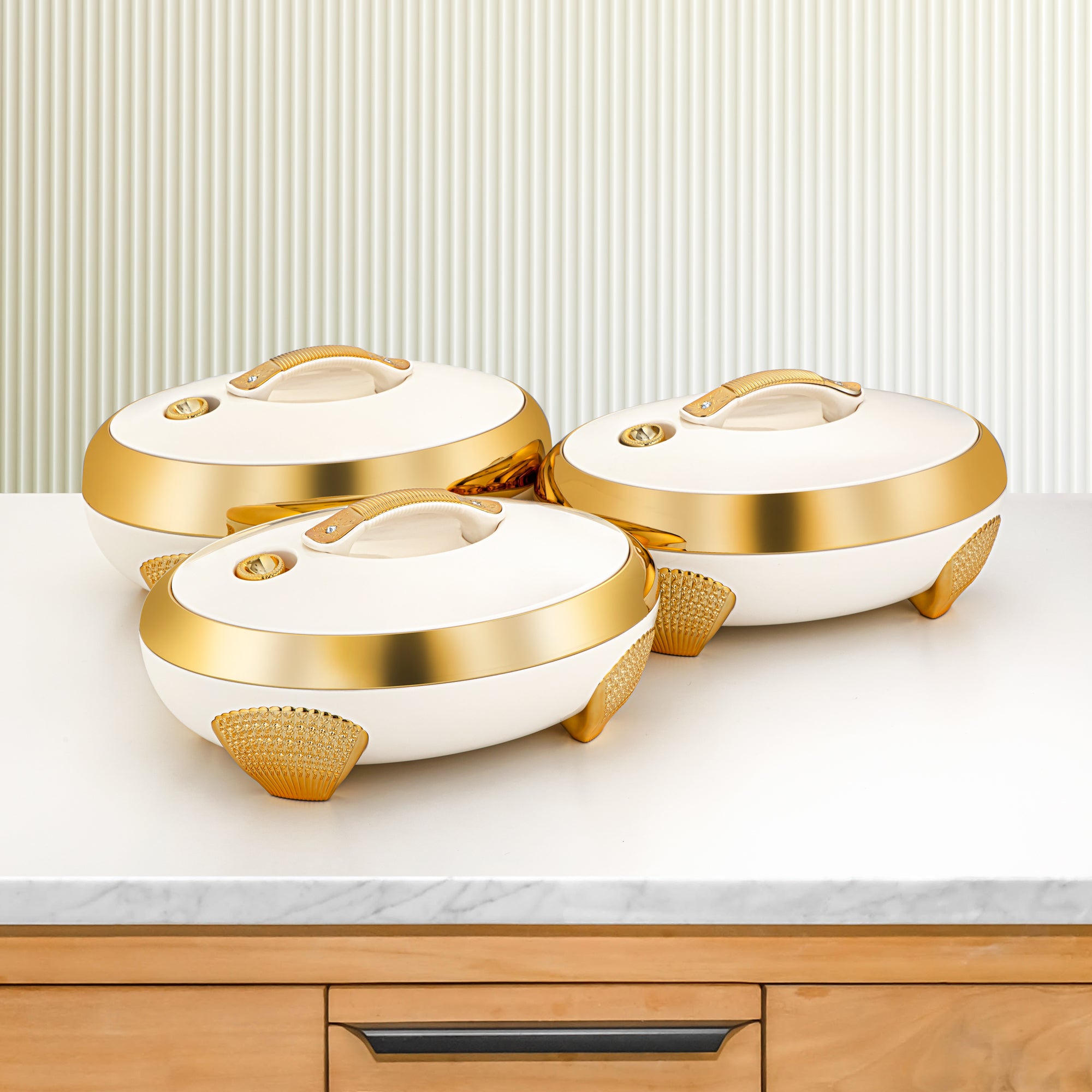 Almarjan 3 Pieces Plastic Hot Pot Set Pearl White & Gold - ZEA PW/G