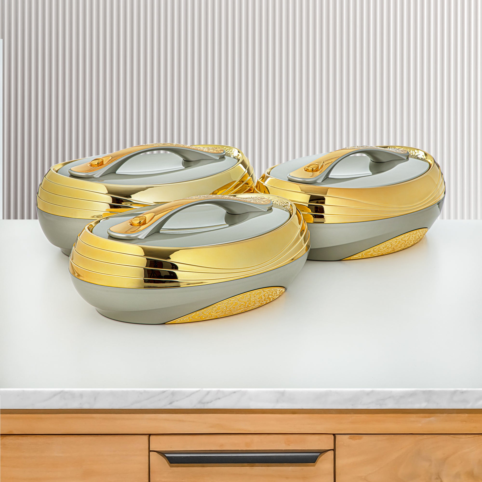 Almarjan 3 Pieces Plastic Hot Pot Set Light Grey & Gold - ZK LG/G